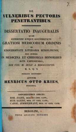 De vulneribus pectoris penetrantibus : Diss. inaug.