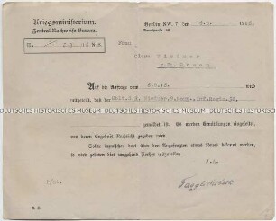 Schreiben des preußischen Kriegsministeriums an die Mutter eines deutschen Offiziers über dessen Verbleib