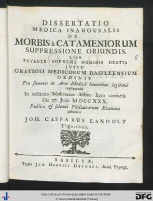 Dissertatio Medica Inauguralis De Morbis à Catameniorum Suppressione Oriundis
