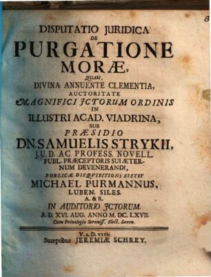 Disputatio Juridica De Purgatione Morae