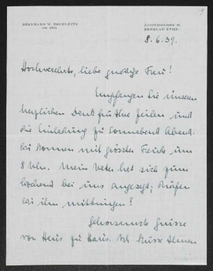 Brief von Bernhard Ercklentz an Margarete Hauptmann