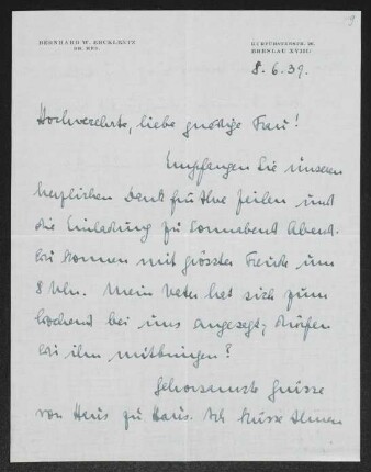 Brief von Bernhard Ercklentz an Margarete Hauptmann