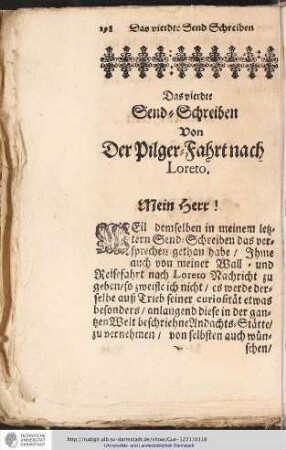 Das vierdte Send-Schreiben Von Der Pilger-Fahrt nach Loreto.