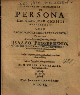 Disputatio Theologica De Persona Domini nostri Jesu Christi Theanthrōpoy