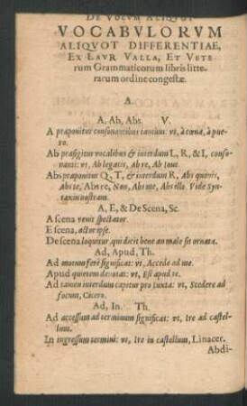 Vocabulorum Aliquot Differentiae, Ex Laur. Valla, Et Veterum Grammaticorum libris litterarum ordine congestae.