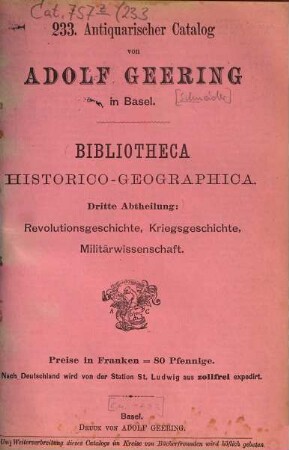 Antiquarischer Catalog von Adolf Geering in Basel, 233. [ca. 1893] = Abth. 3