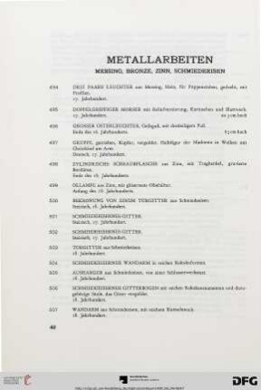 Metallarbeiten: Messing, Bronze, Zinn, Schmiedeeisen (Nr. 494-524)