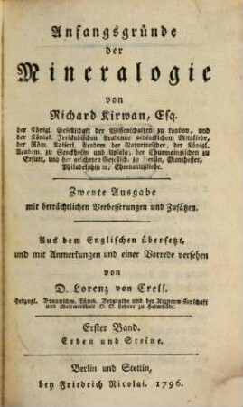Anfangsgründe der Mineralogie, 1. Erden und Steine