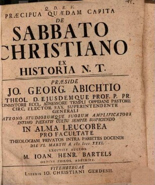 Praecipua Quaedam Capita De sabbato Christiano Ex Historia N. T.