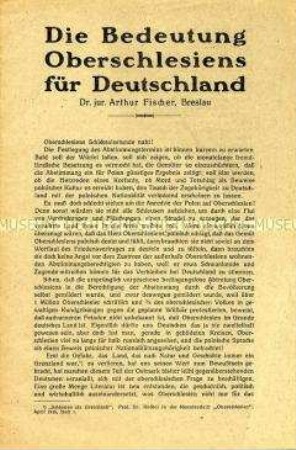 Sonderdruck eines Zeitungsartikels zur Volksabstimmung über die Zugehörigkeit Oberschlesiens zum Deutschen Reich