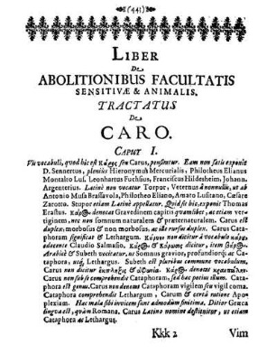 Liber De Abolitionibus Facultatis Sensitivӕ & Animalis. Tractatus De Caro.