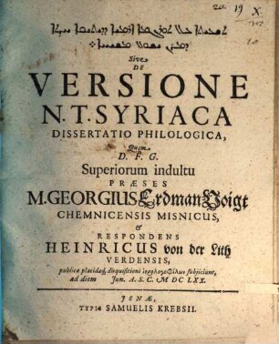 ... Sive De versione N. T. Syriaca Dissertatio Philologica