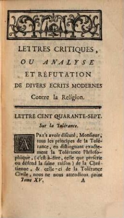 Lettres critiques ou analyse et réfutation de divers écrits modernes contre la religion, 15. Sur la tolérance [u.a.]