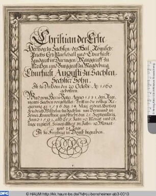Textblatt zum Porträt des Kurfürsten Christian I. von Sachsen