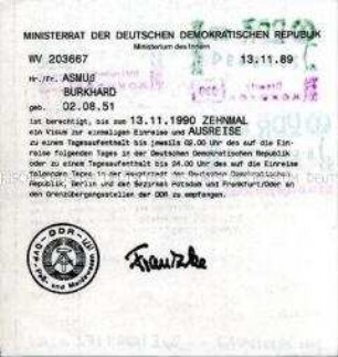 Berechtigungsschein der DDR zum zehnmaligen Empfang eines Ein- und Ausreisevisums