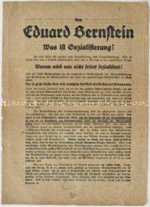 Flugblatt mit einem Aufsatz von Eduard Bernstein über die Aufgaben und Ziele der Sozialisierung