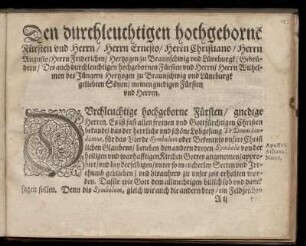 Dedikation an die Herzöge Ernst, Christian, August, Friedrich zu Braunschweig und Lüneburg von Jacobus Syringus