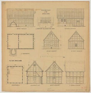 Preußisch Ströhen (Kreis Lübbecke): Hof N. 61 [Simon] Rohlfing. Backhaus und Speicher (Grundriss, Ansichten, Schnitte)