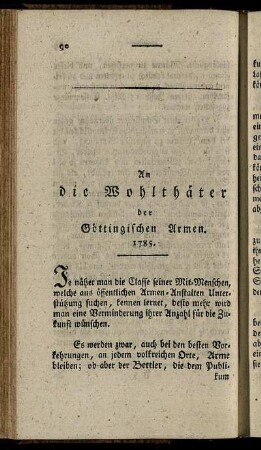 An die Wohlthäter der Göttingischen Armen. 1785.