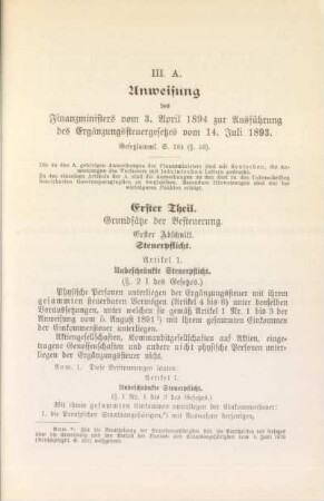 III. A. Anweisung des Finanzministers vom 3. April 1894