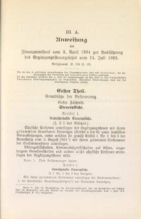 III. A. Anweisung des Finanzministers vom 3. April 1894