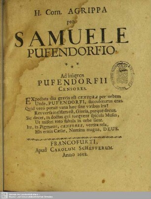 H. Corn. Agrippa pro Samuele Pufendorfio : Ad iniquos Pufendorfii Censores
