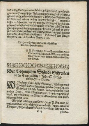 Der Böhmischen Stände Schreiben an die Evangelischen Nider Oesterreiche Herrn Stände.