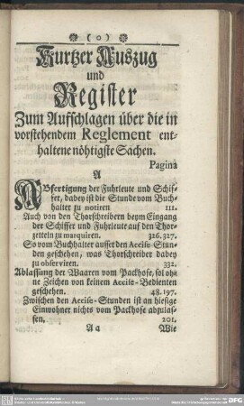 Kurtzer Auszug und Register Zum Aufschlagen über die in vorstehendem Reglement enthaltene nöhtigste Sachen