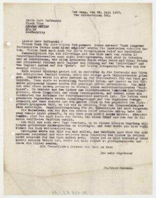 Brief aus Den Haag an Kurt Safranski, Black Star, New York City