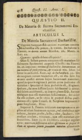 Quaestio II. De Materia & Forma Sacramenti Eucharistiae.