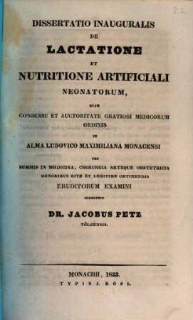 Dissertatio inauguralis de lactatione et nutritione artificiali neonatorum
