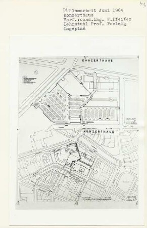 Konzerthaus, Berlin-Tiergarten (Diplomarbeit bei Peter Poelzig): Lageplan 1:500 und Lageplan 1:1000 mit vorgeschlagener städtebaulicher Anbindung