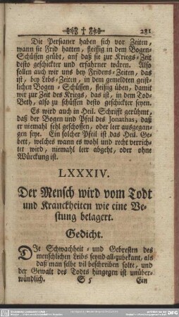 LXXXIV. Der Mensch wird vom Todt und Kranckheiten wie eine Vestung belagert. Gedicht