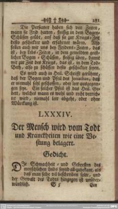 LXXXIV. Der Mensch wird vom Todt und Kranckheiten wie eine Vestung belagert. Gedicht
