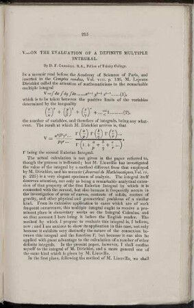 V. - On the evaluation of a definite multiple integral.