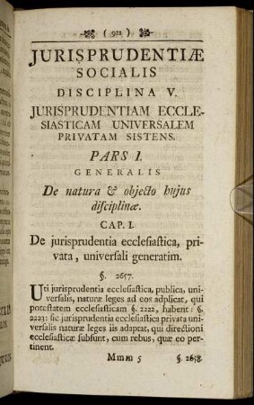 Jurisprudentiæ Socialis Disciplina V. Jurisprudentiam Ecclesiaticam Universalem Privatam Sistens.