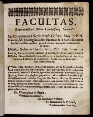Facultas, Reverendissimi Patris Commissarii Gener alis