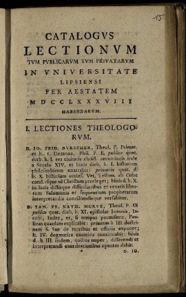 1788: Catalogus Lectionum Et Publicarum Et Privatorum In Universitate Lipsiensi ... Habendarum