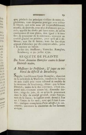 19-23 Requéte de plainte du Sieur chanoine Rumpler contre le Sieur Dietrich maire