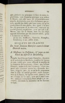 19-23 Requéte de plainte du Sieur chanoine Rumpler contre le Sieur Dietrich maire