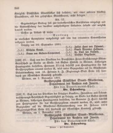101. Ministerial-Bekanntmachung, den Wechsel in der Hauptagentur der Leiptziger Kranken-, Invaliden- und Lebensversicherungs-Gesellschaft Gegenseitigkeit zu Leipzig betreffend