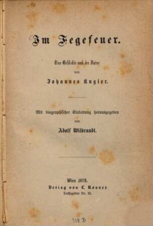 Im Fegefeuer : Eine Geschichte nach der Natur von Johannes Kugler. Mit biographischer Einleitung herausgegeben von Adolf Wilbrandt