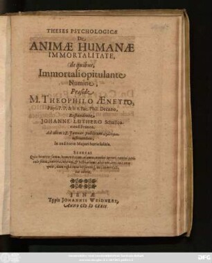Theses Psychologicae De Animae Humanae Immortalitate