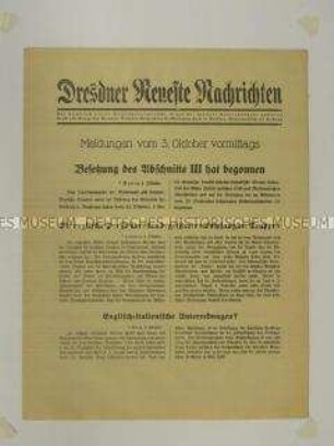 Nachrichtenblatt der "Dresdner Neueste Nachrichten" u.a. zur Besetzung des Sudetenlandes