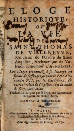 Eloge historique ou la Vie de Saint Thomas de Villeneuve