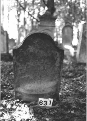 Grabstein 631 (Index: 99900637) Material: Sandstein Zustand: Vorderseite völlig verwittert, Rückseite gut erhalten Maße HxBxT: 94x55x8 cm Beschreibung: Stele mit Konvexbogenabschluss: Grabstein 631