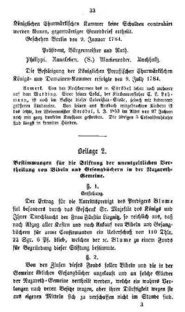 Beilage 2. Bestimmungen für die Stiftung der unentgeltlichen Vertheilung von Bibeln und Gesangbüchern in der Nazareth-Gemeine