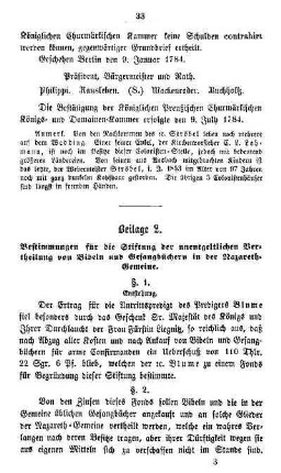 Beilage 2. Bestimmungen für die Stiftung der unentgeltlichen Vertheilung von Bibeln und Gesangbüchern in der Nazareth-Gemeine