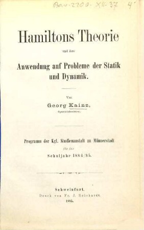 Hamiltons Theorie und ihre Anwendung auf Probleme der Statik und Dynamik