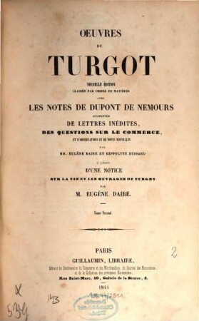 Oeuvres de Turgot : classée par ordre de matières avec les notes de Dupont de Nemours, 2